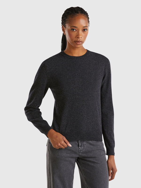 Jersey de cuello redondo antracita de pura lana Merina Mujer