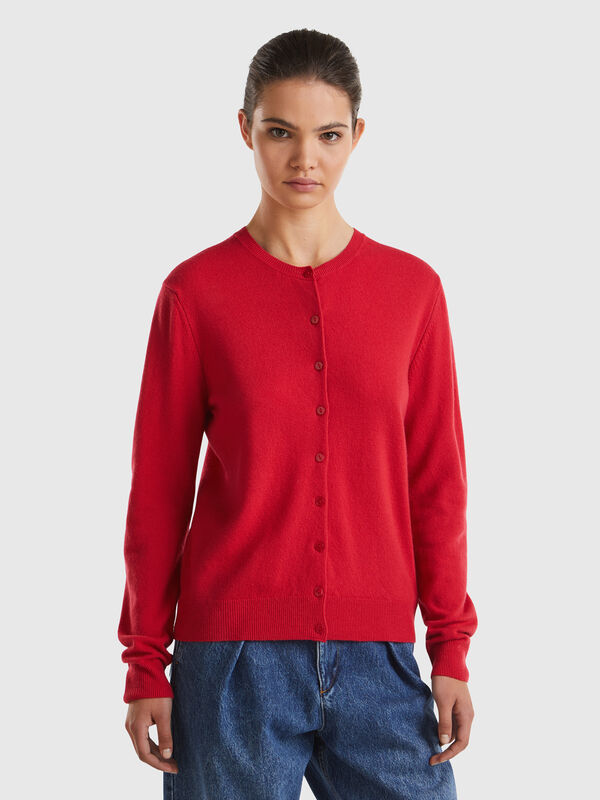 Cárdigan cuello redondo rojo ciruela en pura lana merina Mujer