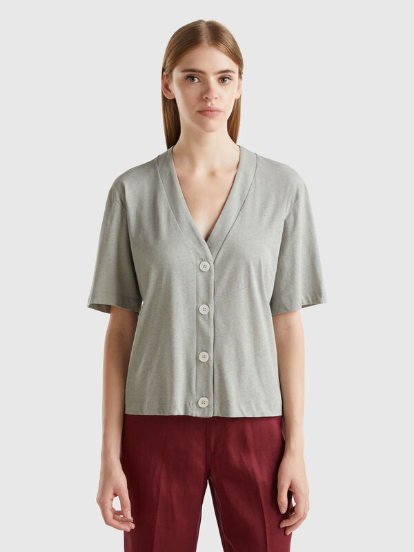 Camiseta de estilo cárdigan de lino mixto Mujer