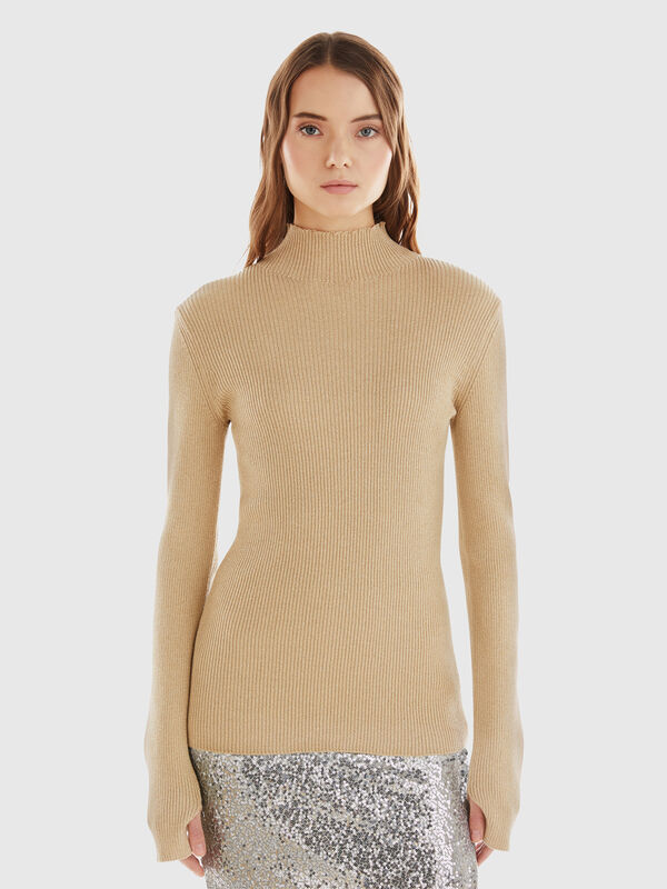 Jersey de cuello alto ajustado con lúrex Mujer