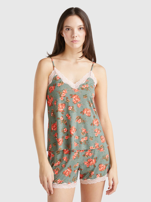 Camiseta de tirantes con encaje y estampado de flores Mujer