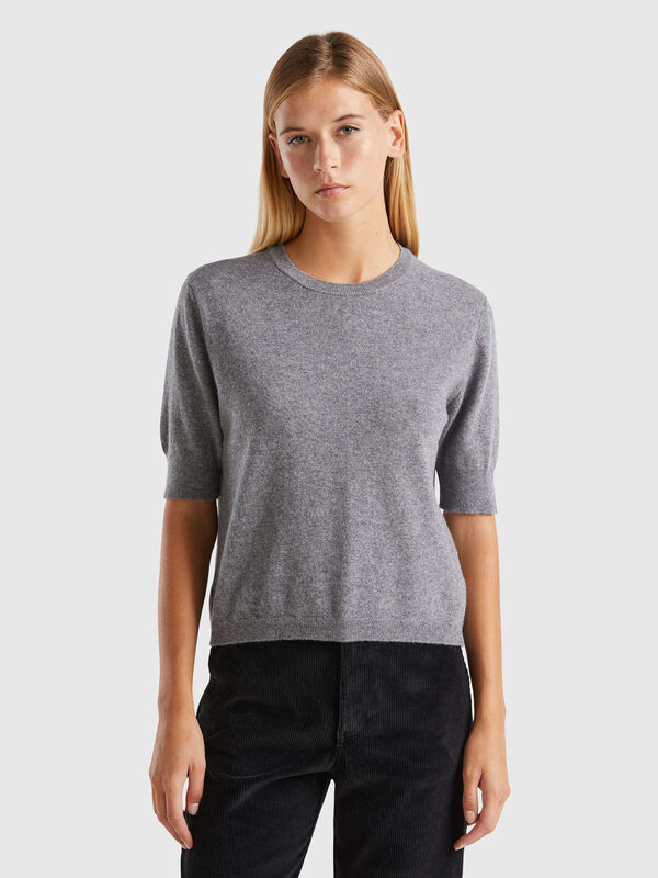 Jersey de manga corta gris oscuro de pura lana merina Mujer