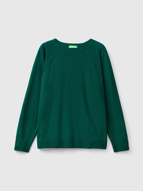 Jersey cuello redondo verde bosque en mezcla de lana y cachemira Mujer