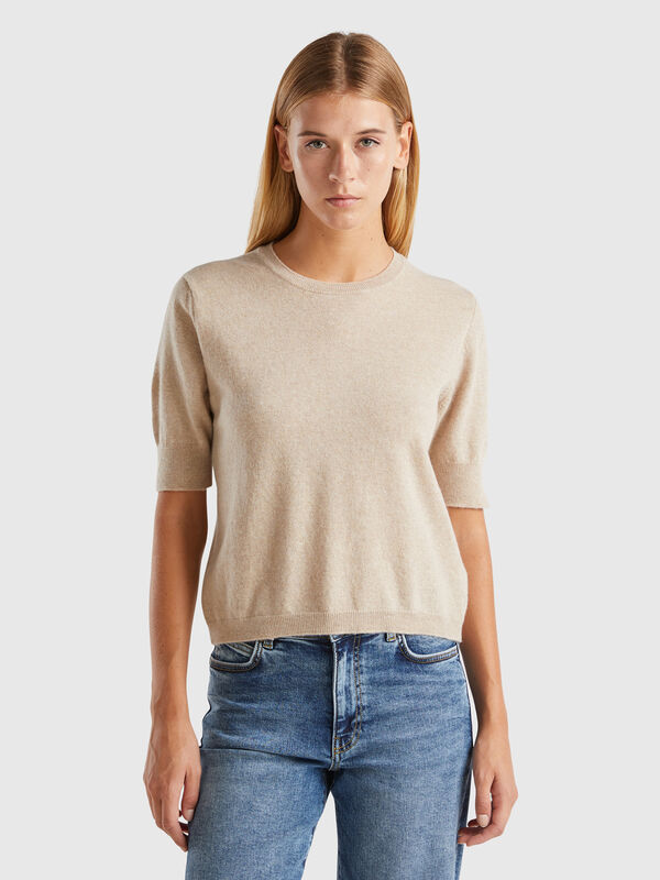 Jersey de manga corta beige de pura lana merina Mujer