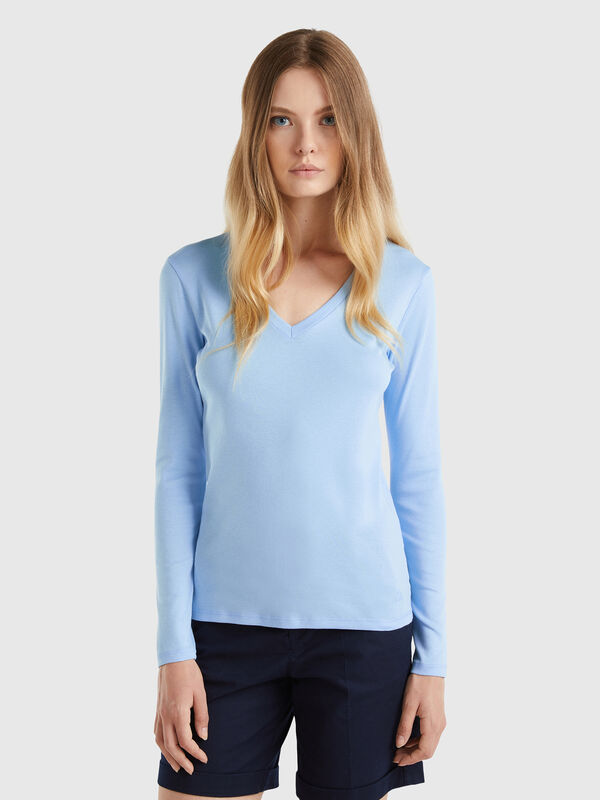 Camiseta de manga larga con escote de pico Mujer