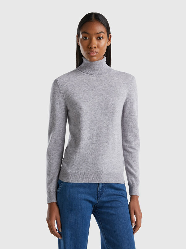 Jersey de cuello alto gris claro de pura lana merina Mujer