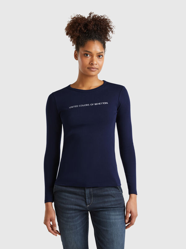 Camiseta azul oscuro de manga larga de 100 % algodón Mujer