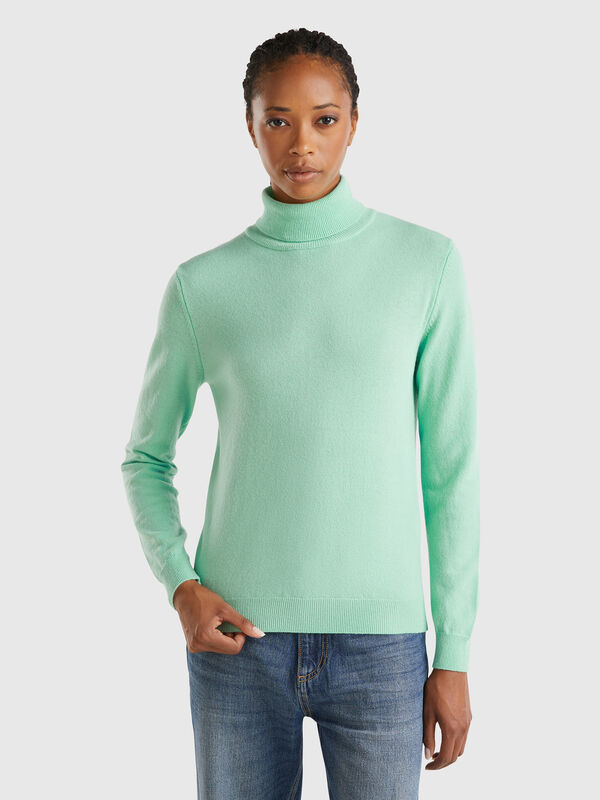 Jersey de cuello alto verde agua en pura lana merina Mujer