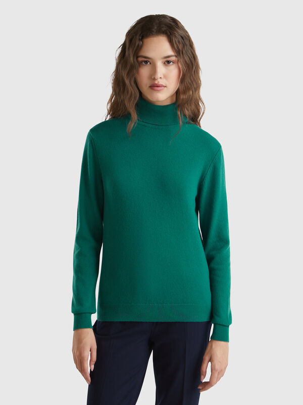 Jersey de cuello alto verde bosque en pura lana merina Mujer