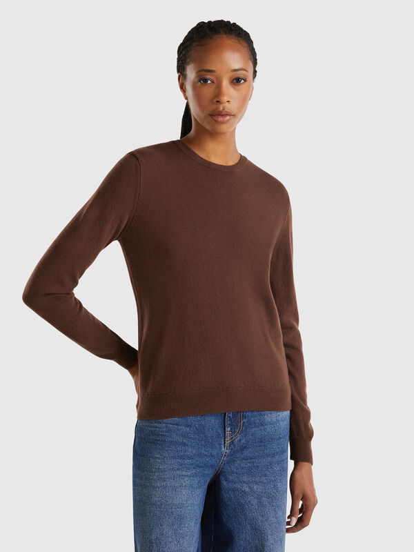Jersey de cuello redondo marrón oscuro en pura lana merina Mujer