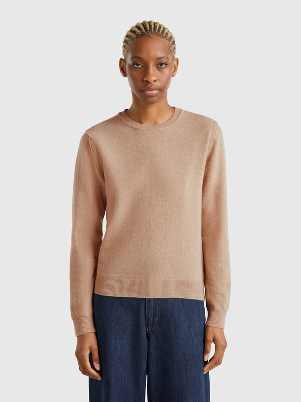 Jersey de cuello redondo beige de lana merina Mujer