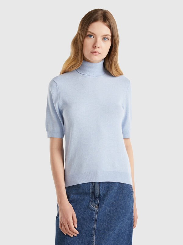 Jersey cuello alto azul grisáceo de manga corta en mezcla de cachemira Mujer