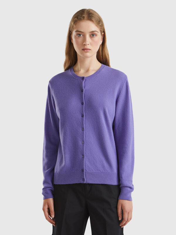 Cárdigan cuello redondo morado en pura lana merina Mujer
