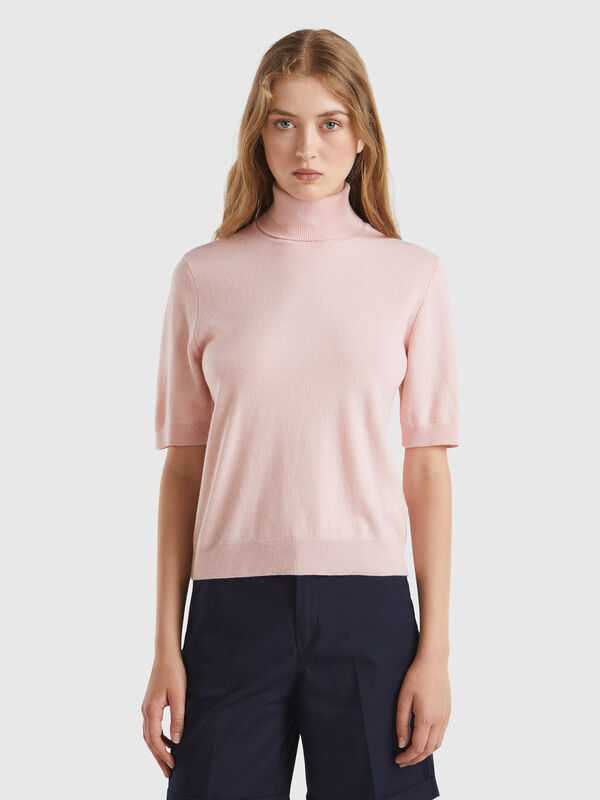 Jersey cuello alto rosa pastel de manga corta en mezcla de cachemira Mujer