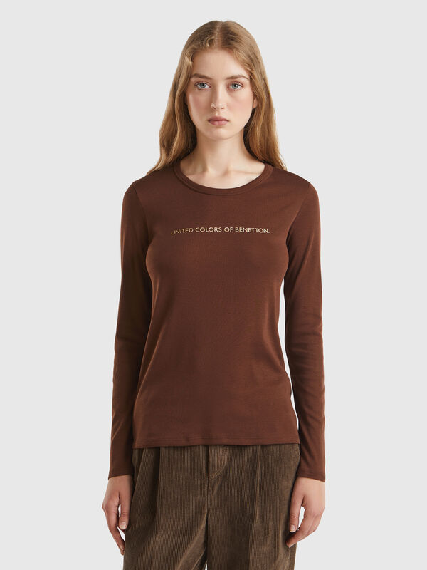 Camiseta marrón de manga larga de 100 % algodón Mujer