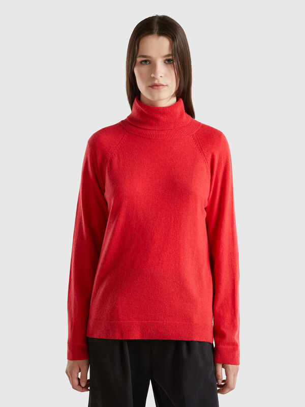 Jersey cuello alto rojo en mezcla de lana y cachemira Mujer