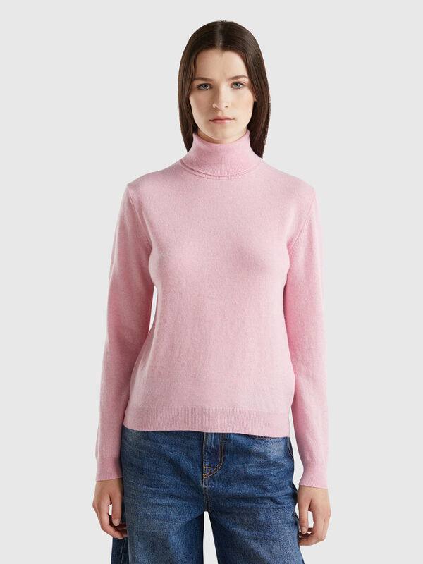 Jersey de cuello alto rosa jaspeado en pura lana merina Mujer