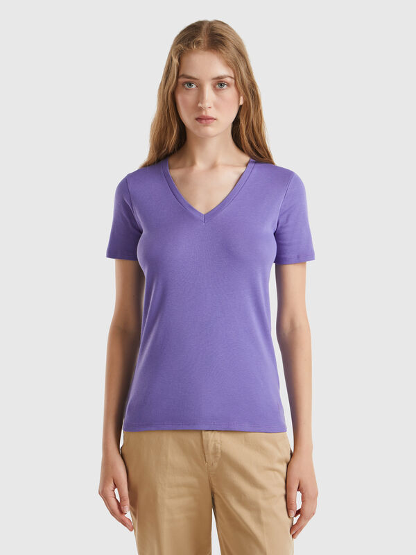 Camiseta de algodón puro con escote de pico Mujer
