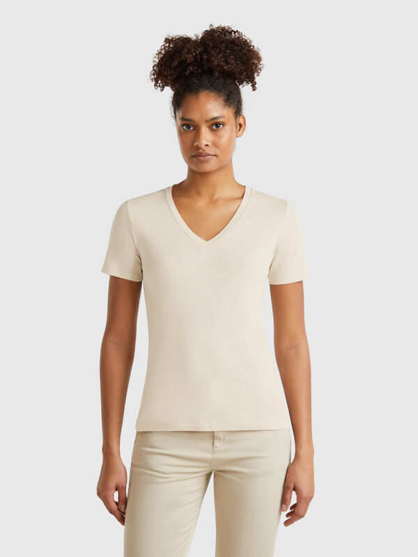 Camiseta de algodón puro con escote de pico Mujer