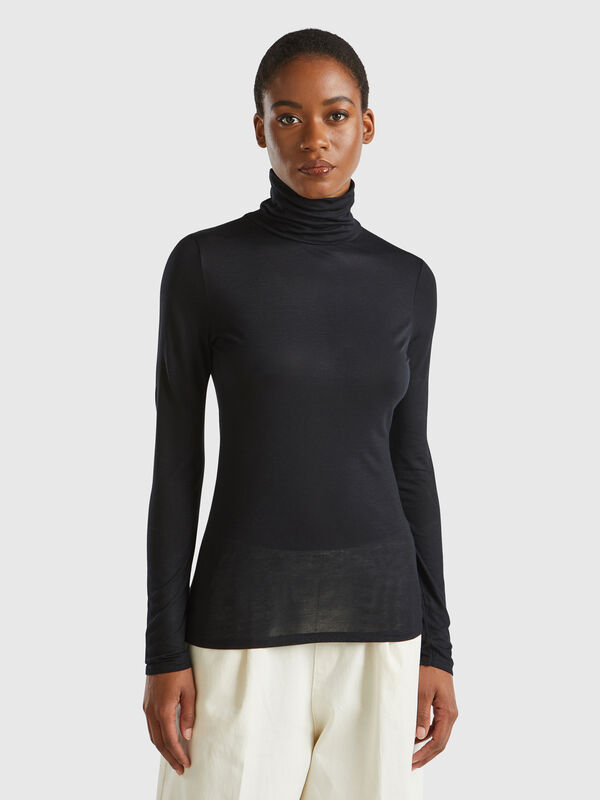 Camiseta de cuello alto en mezcla de viscosa y cachemir Mujer