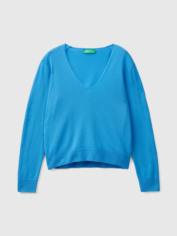 Jersey azul claro cuello en V en pura lana merina Mujer