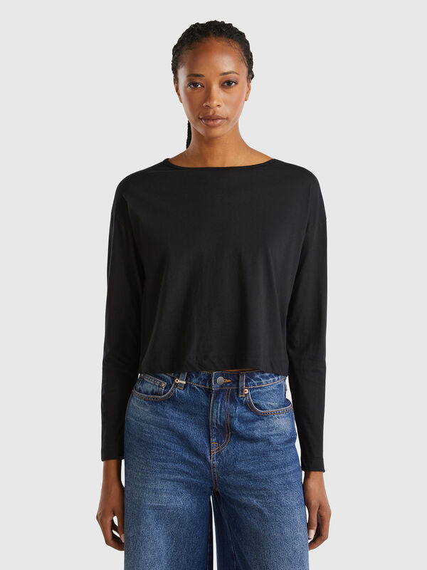 Camiseta negra de algodón de fibra larga Mujer