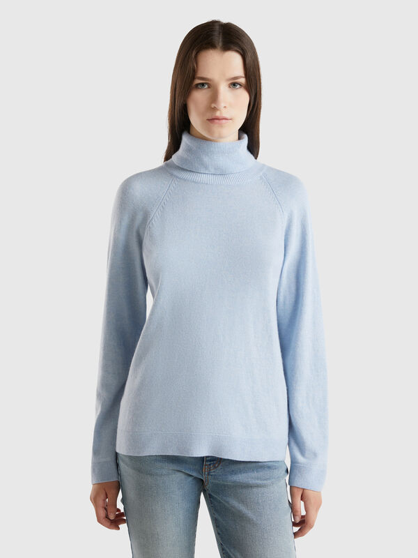 Jersey cuello alto azul grisáceo en mezcla de lana y cachemira Mujer