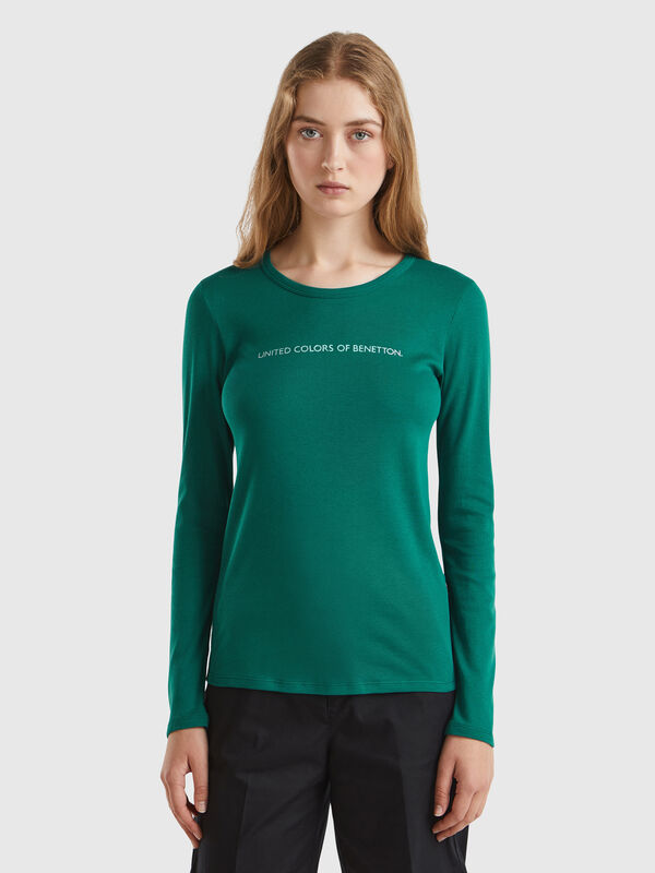 Camiseta verde bosque de manga larga de 100 % algodón Mujer