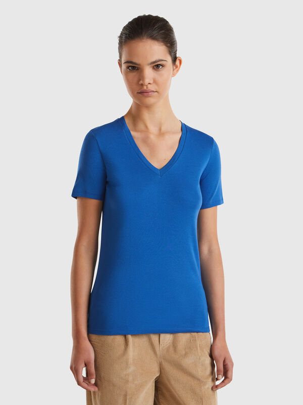Camiseta de algodón puro con escote de pico Mujer