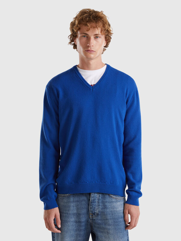 Jersey cuello en V azul noche jaspeado en pura lana merina Hombre