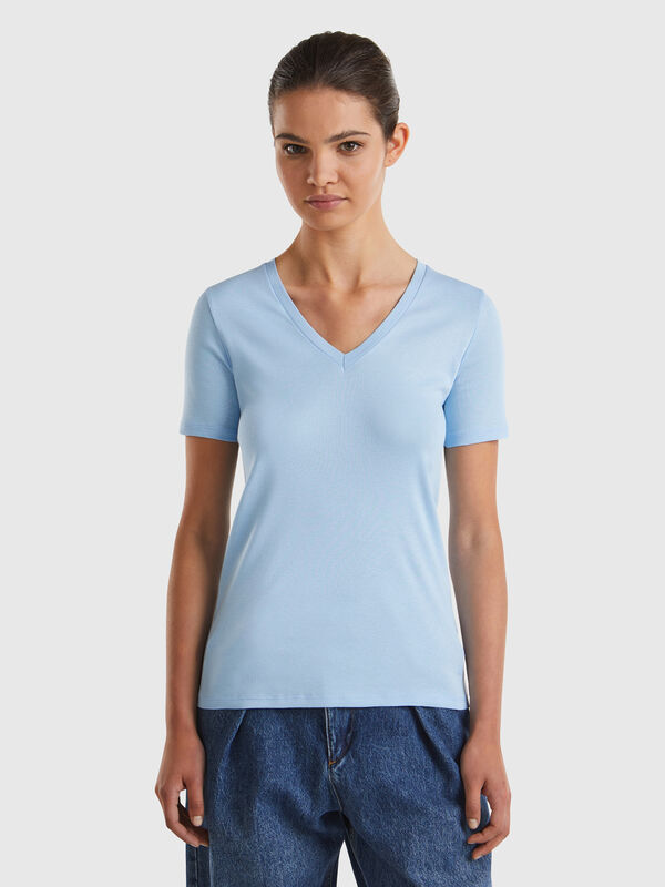 Camiseta de algodón puro con escote de pico Mujer