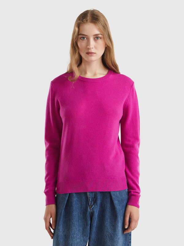 Jersey de cuello redondo fucsia ciclamen en pura lana merina Mujer