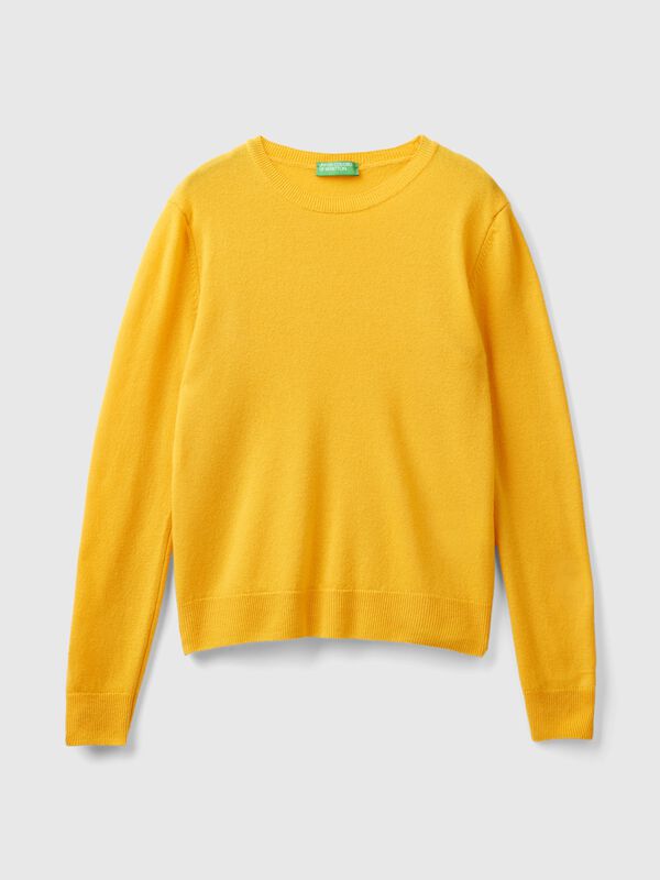 Jersey de cuello redondo amarillo ocre en pura lana merina Mujer