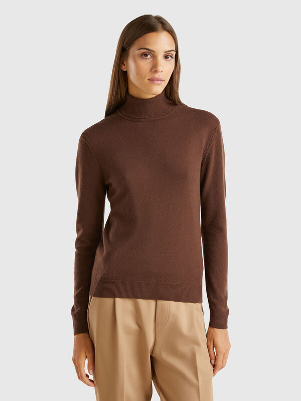 Jersey de cuello alto marrón oscuro en pura lana merina Mujer