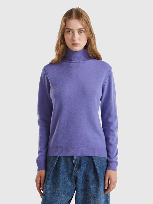 Jersey de cuello alto morado en pura lana merina Mujer