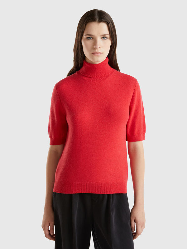 Jersey cuello alto rojo de manga corta en mezcla de cachemira Mujer