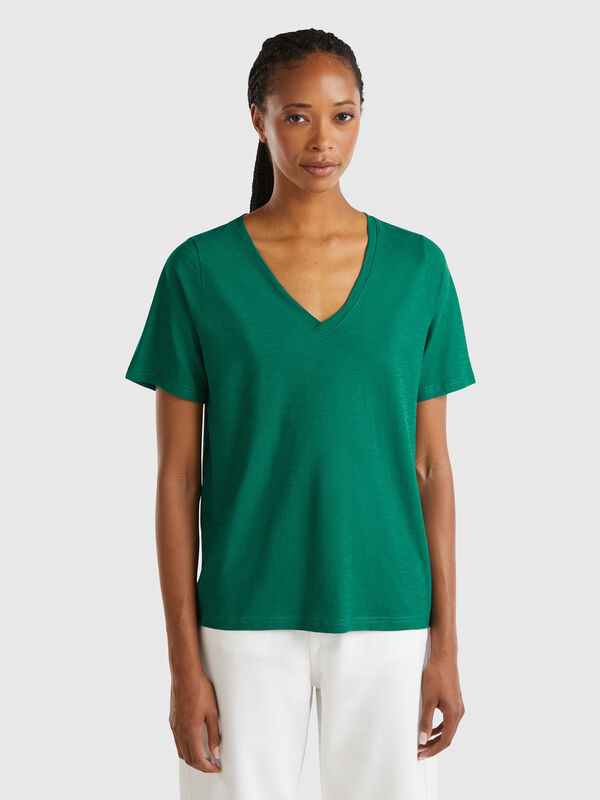 Camiseta de algodón flameado con escote de pico Mujer