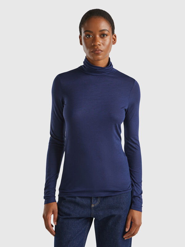 Camiseta de cuello alto en mezcla de viscosa y cachemir Mujer