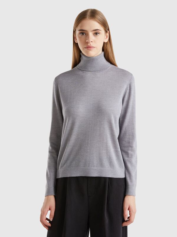 Jersey de cuello cisne de pura lana merina Mujer