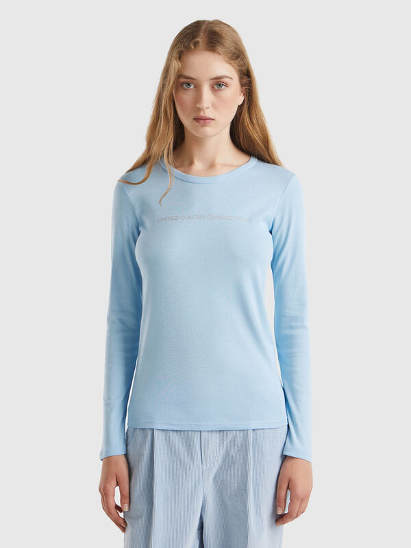 Camiseta azul bebé de manga larga de 100 % algodón Mujer