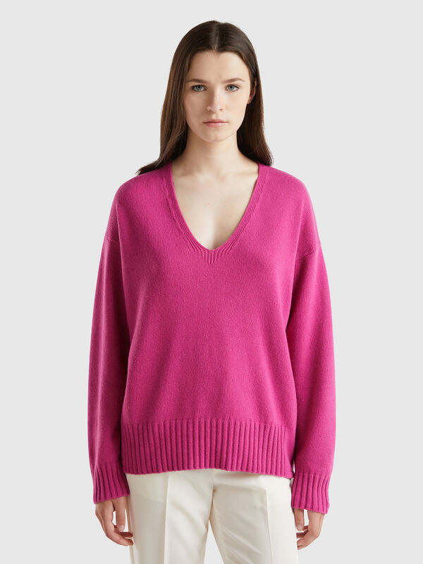 Jersey de lana mixta con escote de pico Mujer