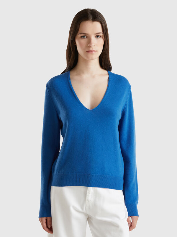 Jersey azul avio cuello en V en pura lana merina Mujer