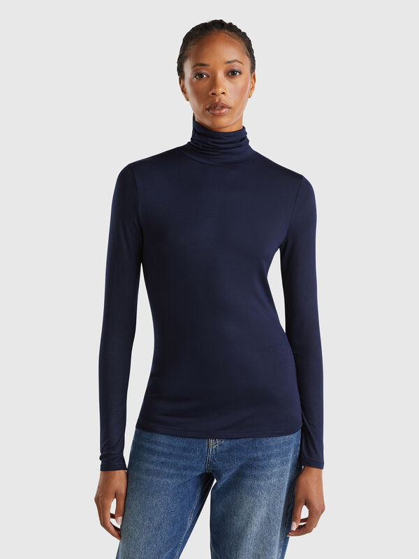 Camiseta cuello alto en viscosa stretch Mujer