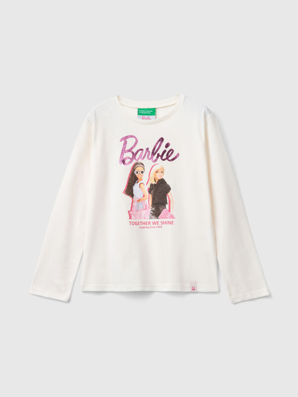 Camiseta crema con estampado laminado de Barbie Niña