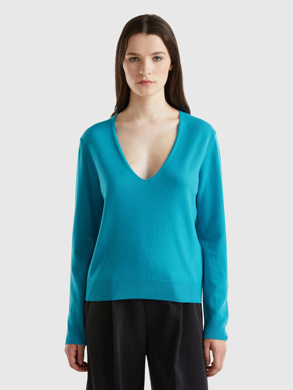 Jersey turquesa cuello en V en pura lana merina Mujer